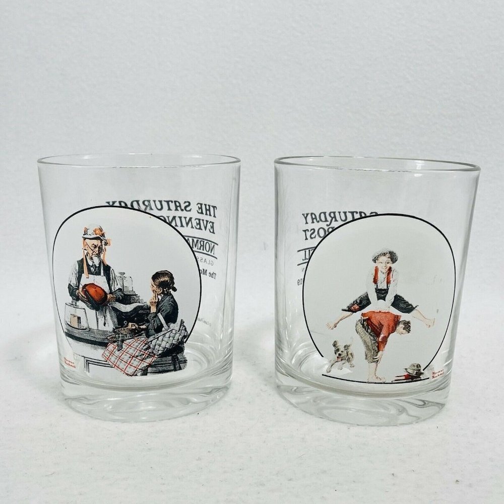 Vintage Norman Rockwell Glassware Set Clear Glass Leap Frog Model Saturday Post